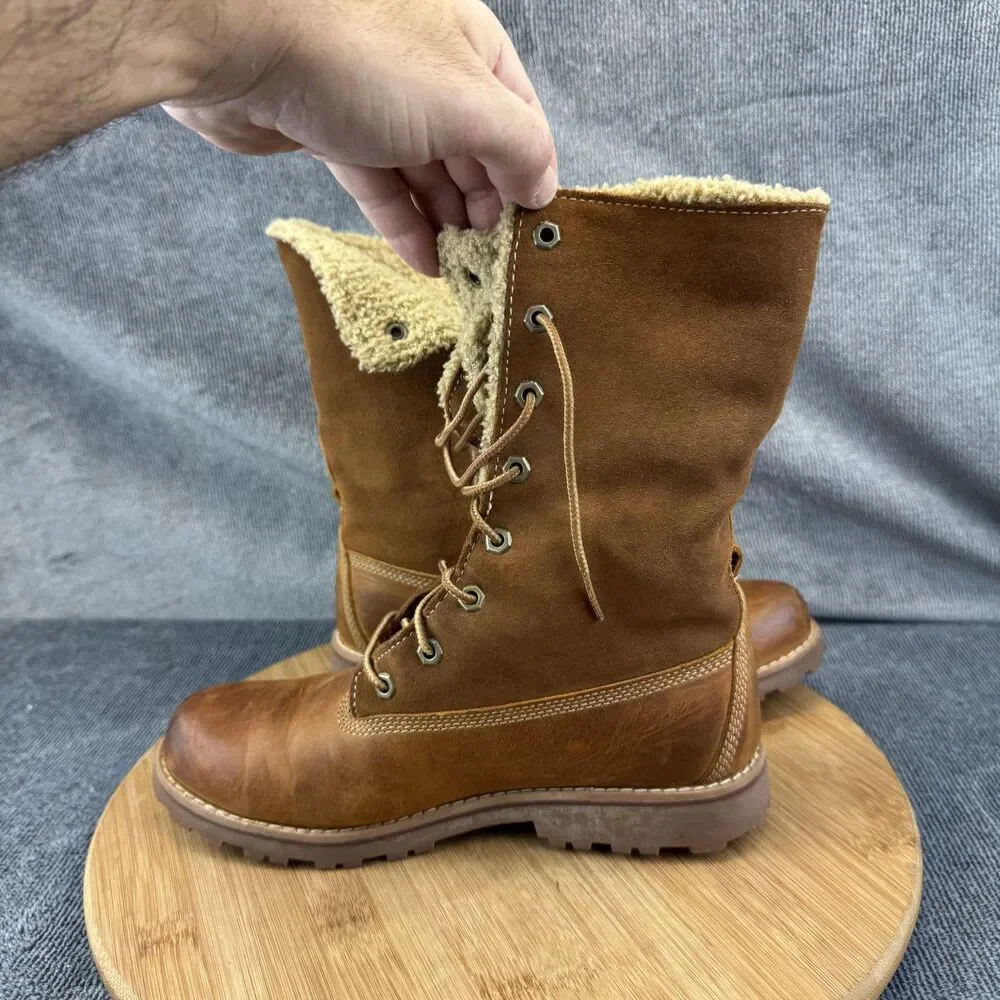 Timberland Boots Girls Size 4.5 Brown Leather Suede Shearling Lined Lace Up